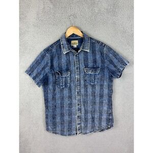 Roebuck & Co Shirt Mens Medium Blue Denim Stripe Short Sleeve Button Front Rugby